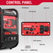 A labeled diagram displays the PowerSmart portable generator’s control panel, highlighting features such as a CO sensor, 12V DC 8A port, 120V AC port, ON/OFF switch, Eco switch, parallel ports, and a Meter V.F.T. display.