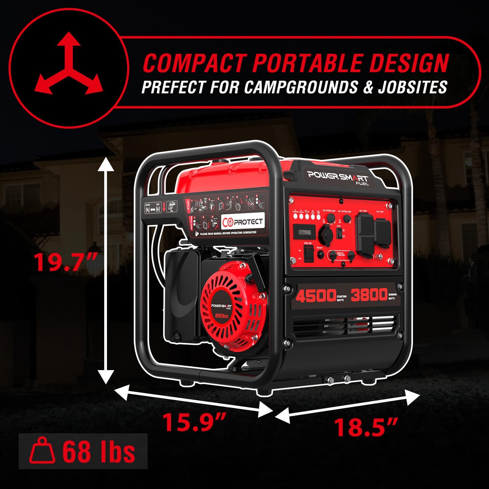 The PowerSmart 3800W portable generator in red and black measures 19.7" H x 15.9" D x 18.5" W and weighs just 68 lbs. Its compact, portable design is ideal for campgrounds and jobsites, delivering reliable power wherever it's needed.