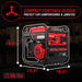 The PowerSmart 3800W portable generator in red and black measures 19.7" H x 15.9" D x 18.5" W and weighs just 68 lbs. Its compact, portable design is ideal for campgrounds and jobsites, delivering reliable power wherever it's needed.
