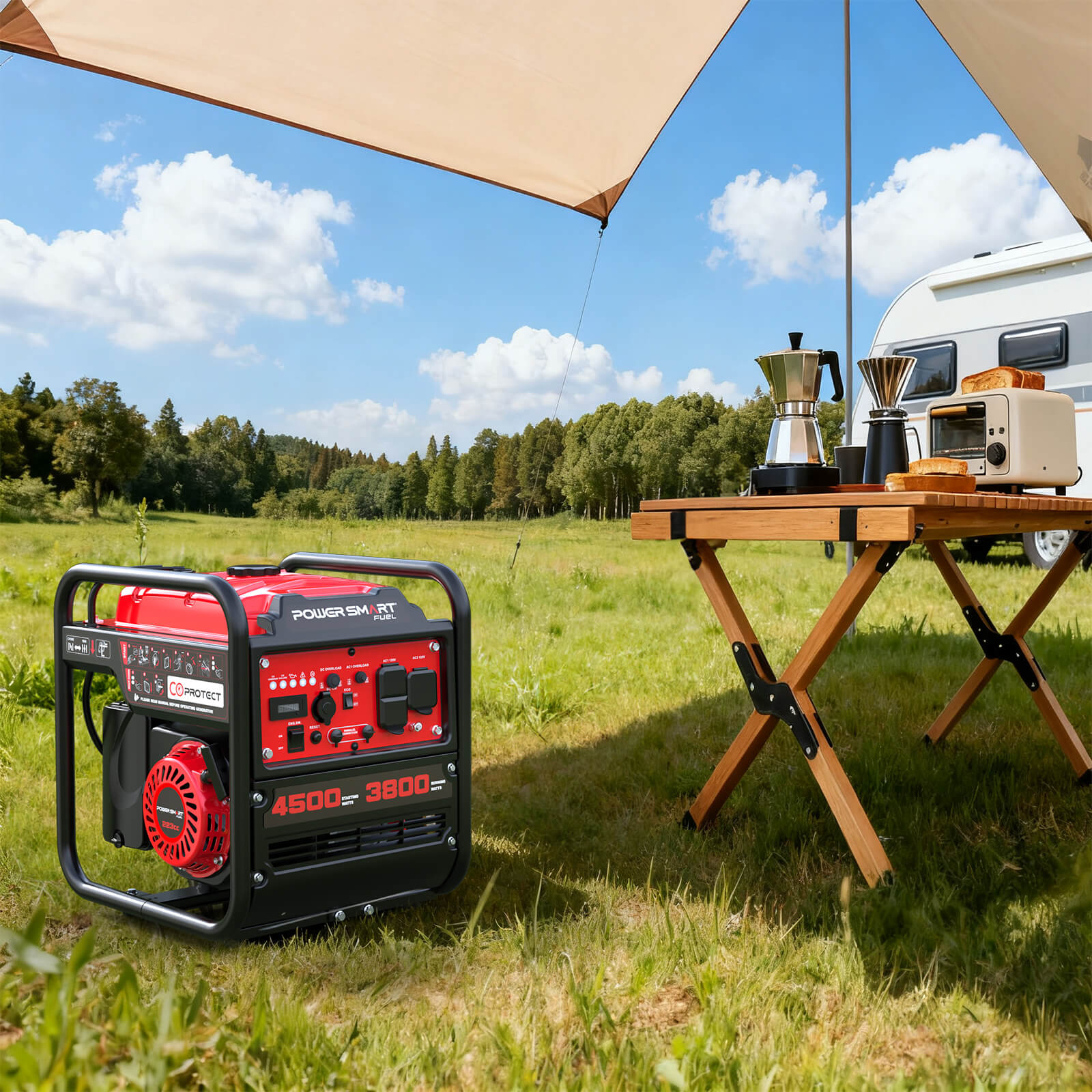 A PowerSmart 3800W generator sits on grass beside a wooden table with a coffee maker, toast, toaster, and cups under a canopy outdoors, with trees and a caravan in the background.