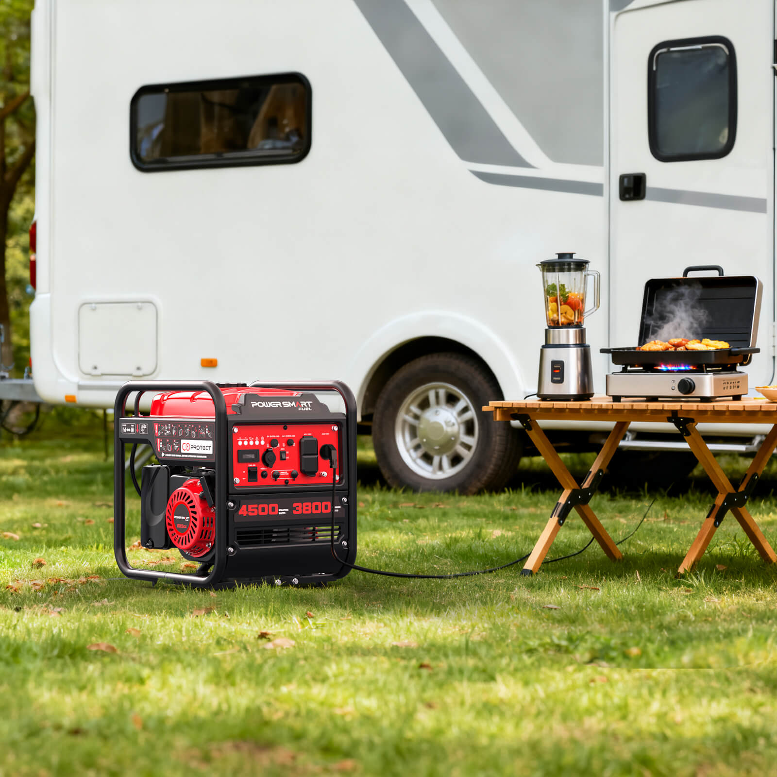 A red PowerSmart 3800W portable generator sits on grass by a white camper. Nearby, a wooden table holds a blender with fruit and a grill with food, with trees and greenery in the background.