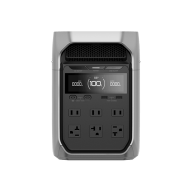 The EcoFlow DELTA 3 Plus is a sleek, portable power station in black and gray, featuring a clear LCD screen that displays the battery percentage. It is equipped with fast charging capabilities and includes multiple AC outlets and USB ports on the front panel for versatile use.