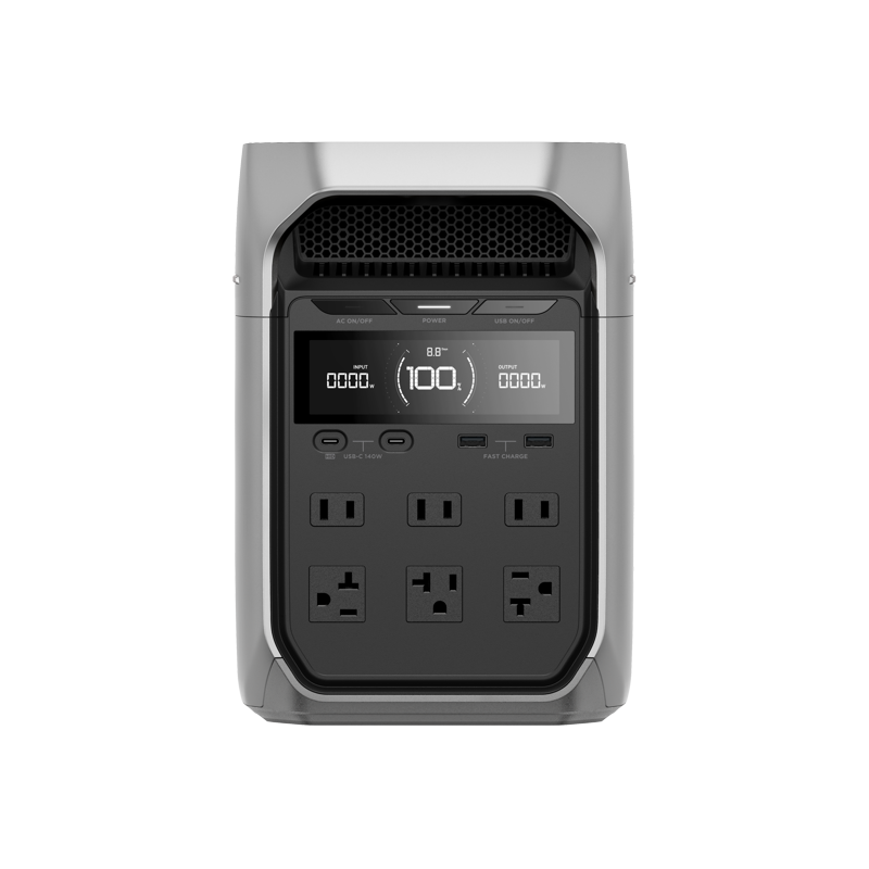 The EcoFlow DELTA 3 Plus is a sleek, portable power station in black and gray, featuring a clear LCD screen that displays the battery percentage. It is equipped with fast charging capabilities and includes multiple AC outlets and USB ports on the front panel for versatile use.