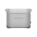 A silver portable power station from EcoFlow features a sleek design with the brand's logo prominently displayed on the front. This high-capacity unit includes slots and buttons on the side, embodying both portability and compactness, while also offering fast charging capabilities.