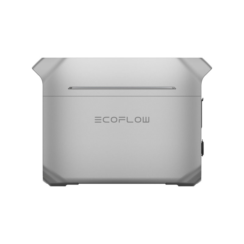 A silver portable power station from EcoFlow features a sleek design with the brand's logo prominently displayed on the front. This high-capacity unit includes slots and buttons on the side, embodying both portability and compactness, while also offering fast charging capabilities.