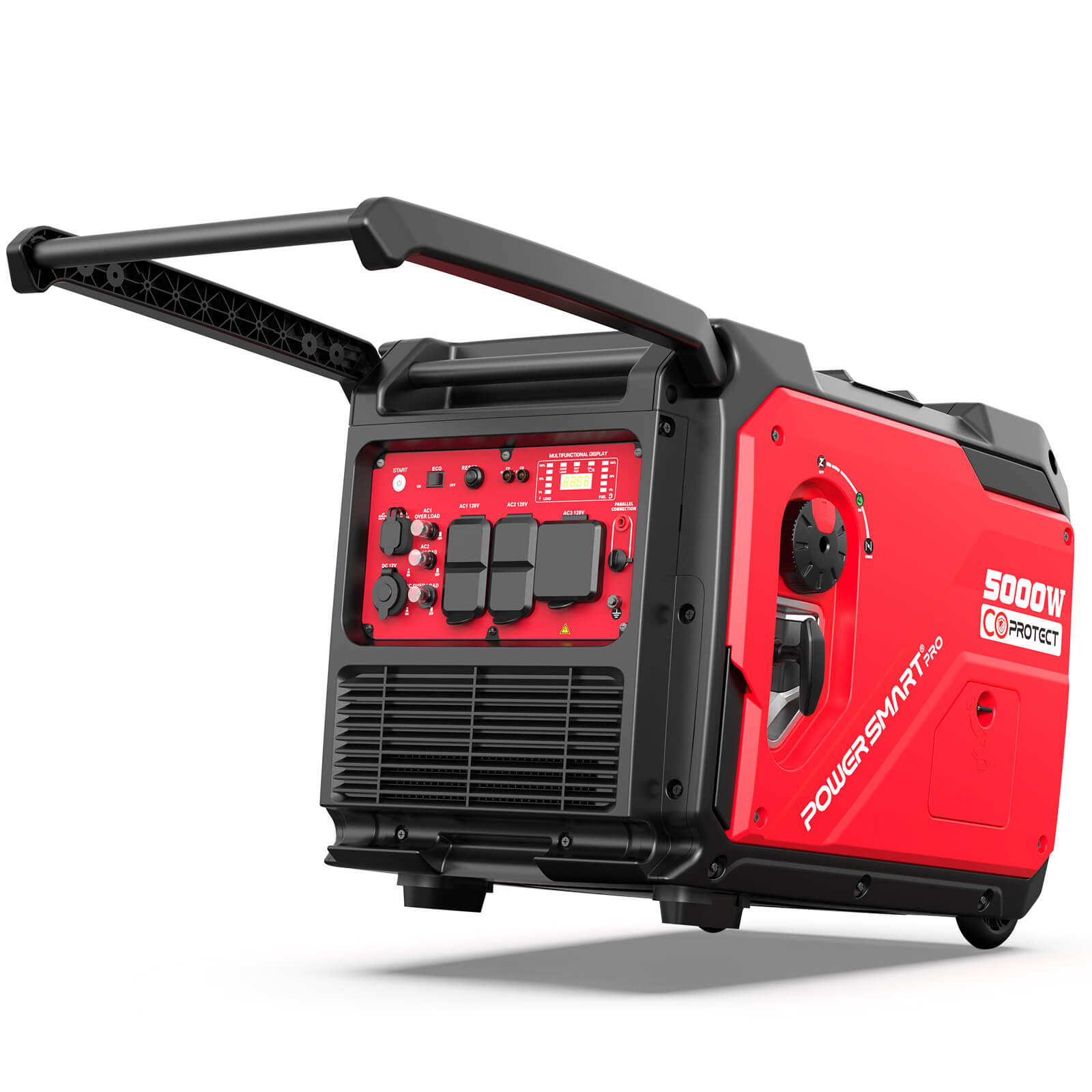 The PowerSmart red and black 5000W portable generator features a control panel, multiple outlets, ventilation grilles, and an extended handle for easy transport.