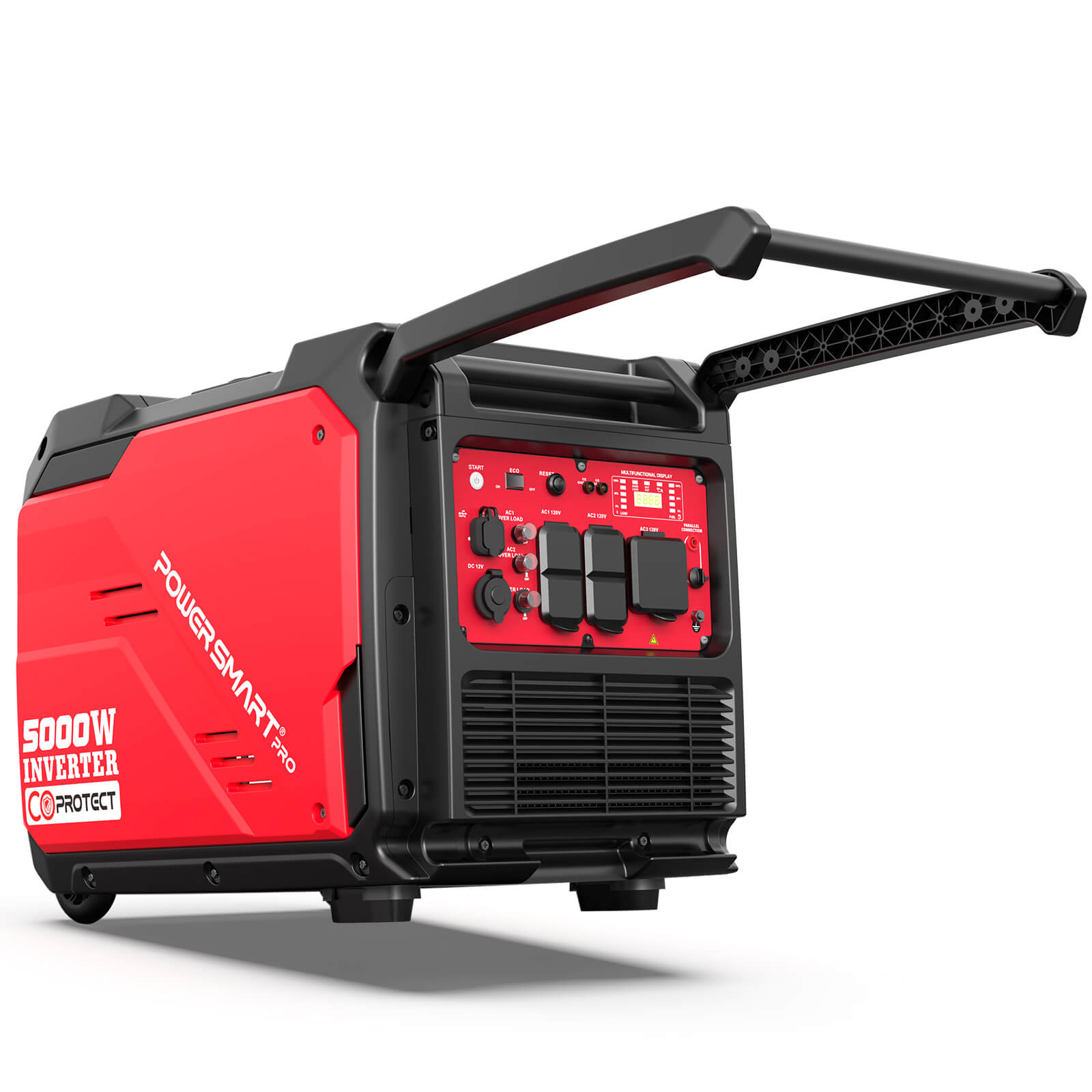 The PowerSmart generator features a 5000W output, electric start, digital display, multiple outlets, ventilation grilles, labeled controls, and an extended handle for easy transport in a red and black portable design.