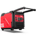 The PowerSmart generator features a 5000W output, electric start, digital display, multiple outlets, ventilation grilles, labeled controls, and an extended handle for easy transport in a red and black portable design.