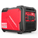 The PowerSmart Pro 5000W generator, in red and black, features multiple control switches, outlets, and vents on its side panel—a reliable and quiet portable generator ideal for versatile use.