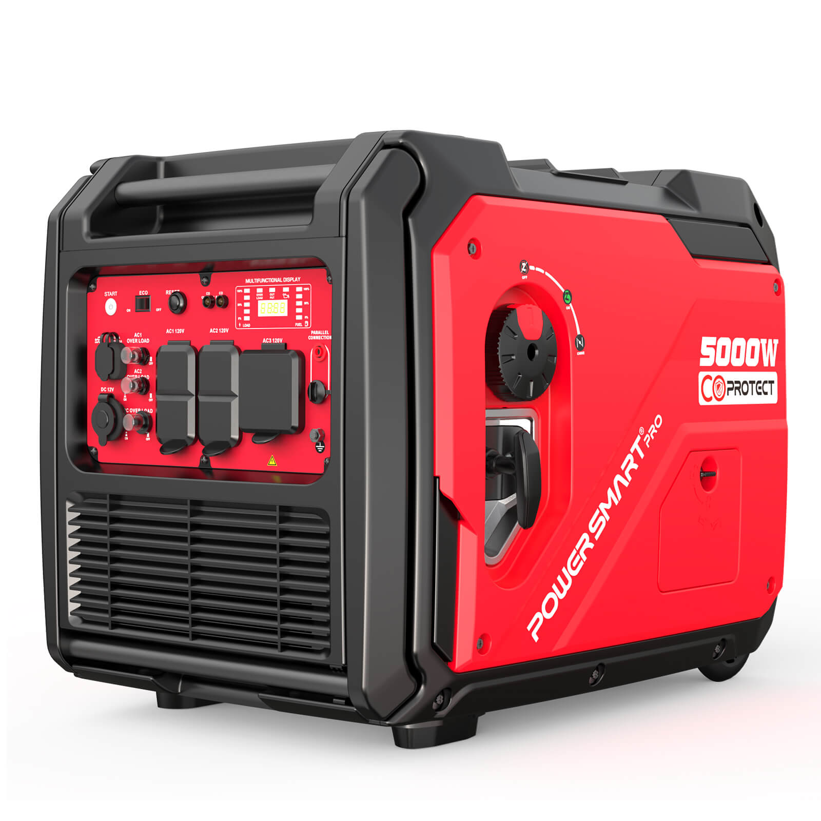 The PowerSmart 5000W portable generator features red and black design, control switches, outlets, CO Protect, a digital display, a portability handle, and delivers quiet performance.