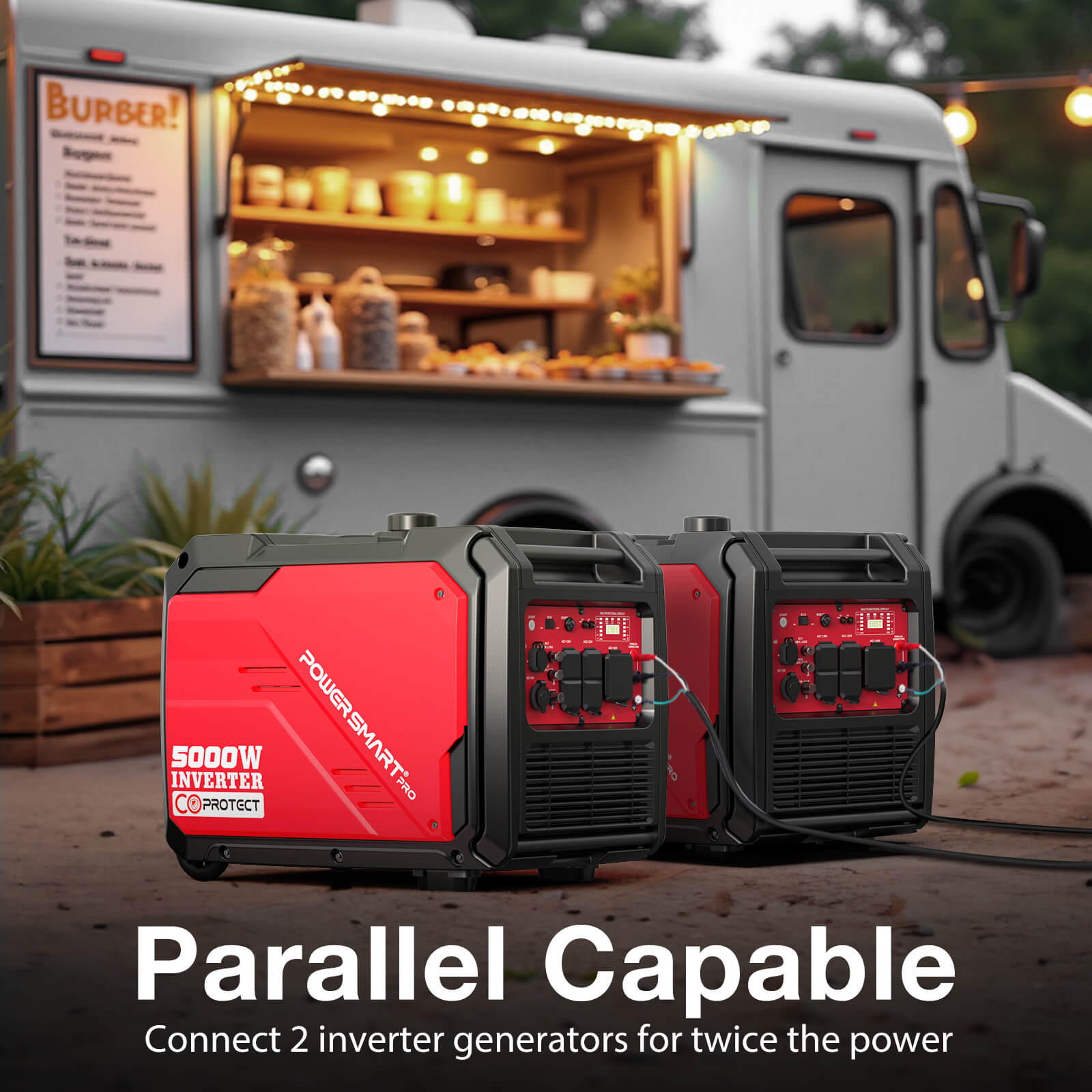 Two red PowerSmart quiet generators are connected side by side outdoors, with a food truck and cafe lights in the background. Text highlights their parallel capability to double power output.