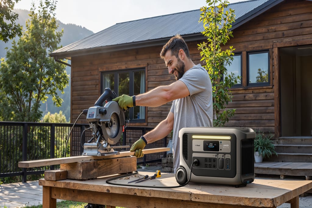 A man uses a circular saw to cut wood on a workbench outside a wooden house, with an Anker portable power station providing backup power nearby.