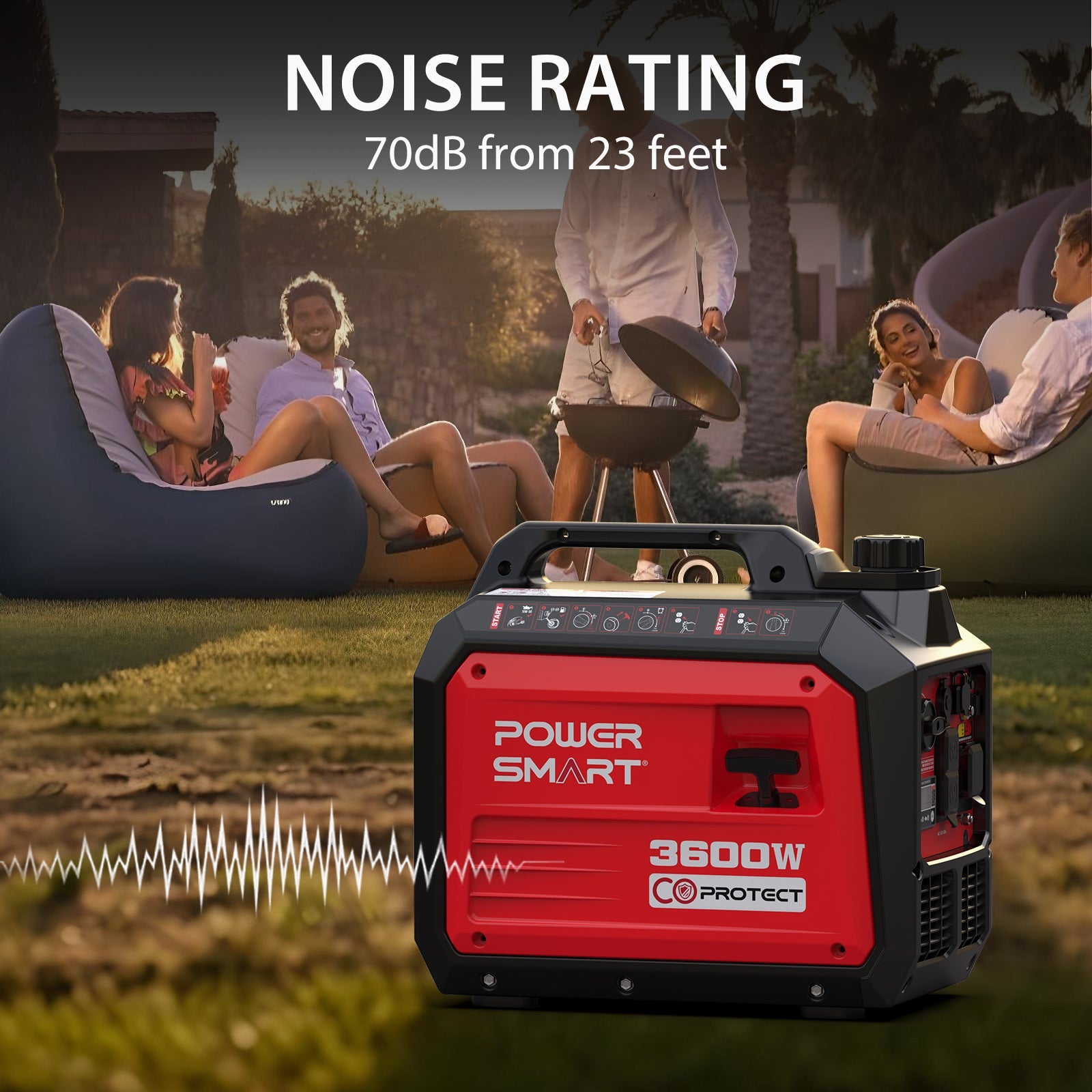 A PowerSmart portable generator with dual generator capability is in the foreground. In the background, four people relax on outdoor chairs near a smoking grill. Text reads "NOISE RATING 70dB from 23 feet," showcasing its quiet operation.