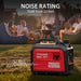 A PowerSmart portable generator with dual generator capability is in the foreground. In the background, four people relax on outdoor chairs near a smoking grill. Text reads "NOISE RATING 70dB from 23 feet," showcasing its quiet operation.