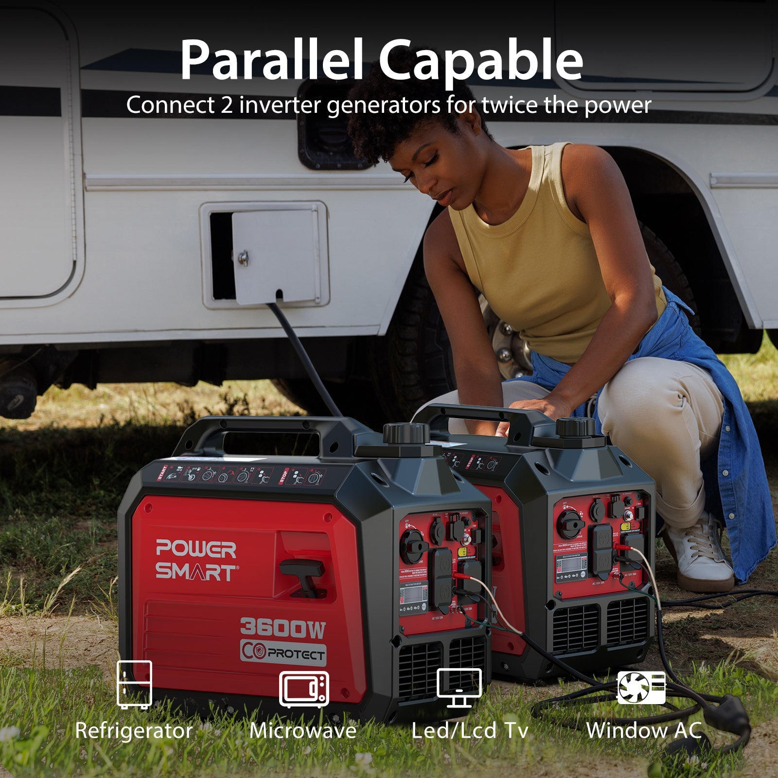 A person kneels beside two connected PowerSmart 3600W red inverter generators by an RV, showcasing their parallel capability. Text reads, “Parallel Capable—connect 2 inverter generators for double the power.” Compatible device icons shown.
