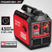 The PowerSmart 3600W portable generator features red and black design, multiple switches and outlets, runs for 4.5 hours at 50% load, operates quietly, and includes CO Protect carbon monoxide shutdown.