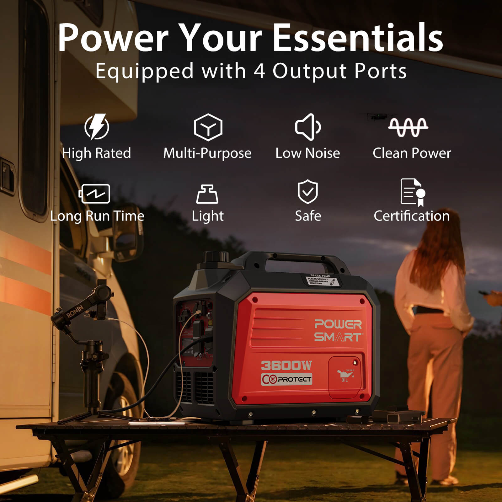 A red PowerSmart portable generator labeled "3600W" sits on a folding table outside a camper at dusk. A woman stands nearby. Text highlights quiet operation, 4 output ports, clean power, long run time, and certification.