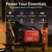 A red PowerSmart portable generator labeled "3600W" sits on a folding table outside a camper at dusk. A woman stands nearby. Text highlights quiet operation, 4 output ports, clean power, long run time, and certification.