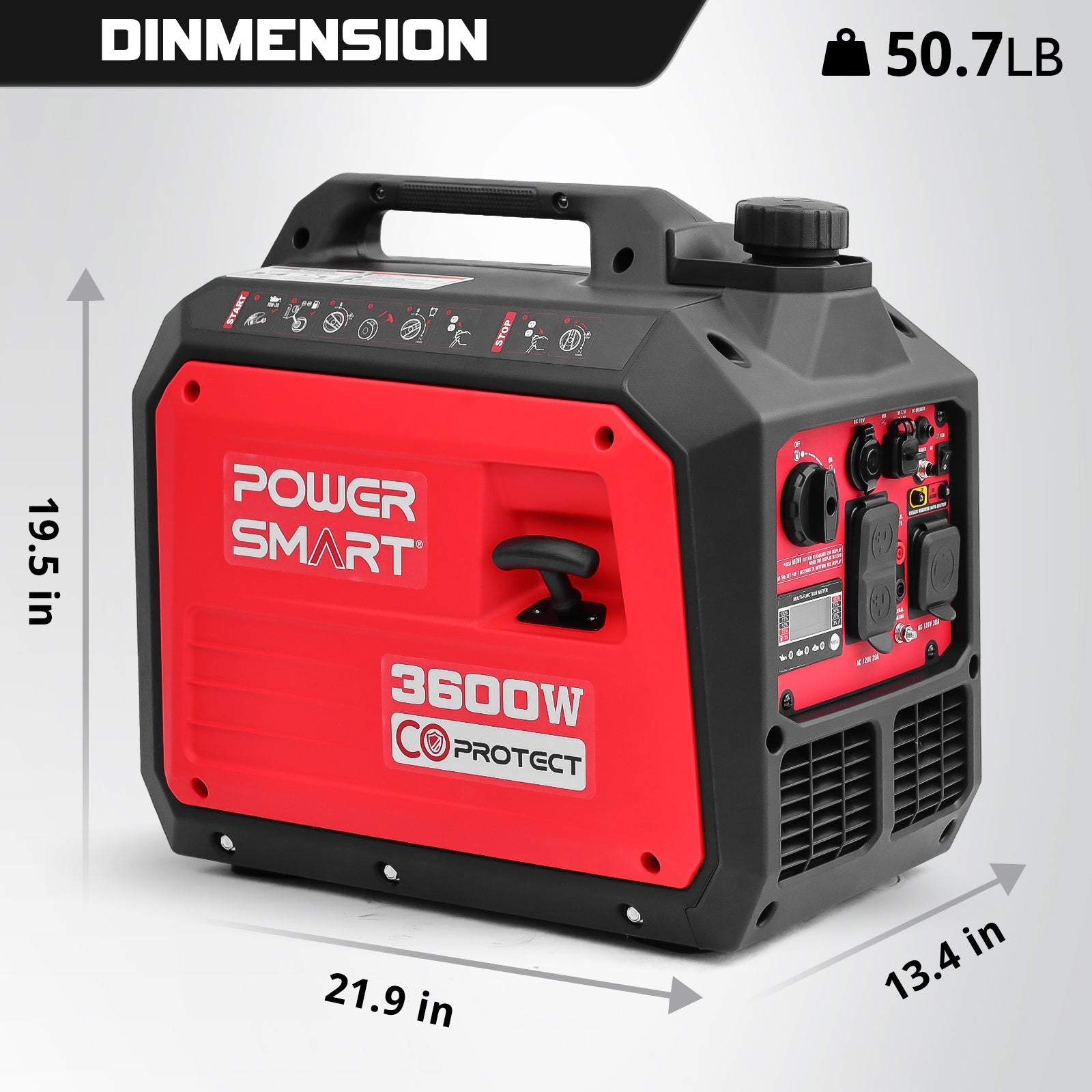 A red PowerSmart portable generator with black accents is shown. It offers quiet operation, measures 19.5"H x 21.9"W x 13.4"D, weighs 50.7 lbs, and displays its control panel and outlets.