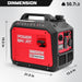 A red PowerSmart portable generator with black accents is shown. It offers quiet operation, measures 19.5"H x 21.9"W x 13.4"D, weighs 50.7 lbs, and displays its control panel and outlets.