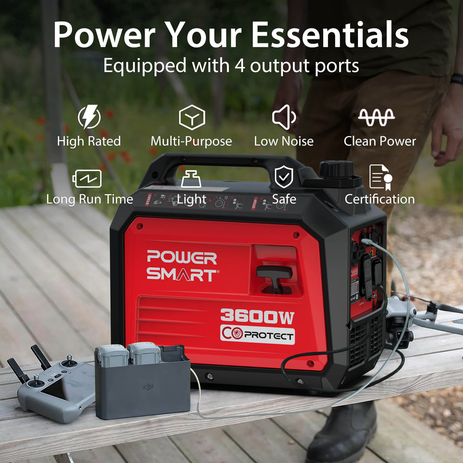 A red PowerSmart 3600W portable generator sits on a wooden table outdoors, powering several devices. Overlay text highlights its high rating, quiet operation, clean power, multi-purpose use, and four versatile output ports.