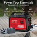 A red PowerSmart 3600W portable generator sits on a wooden table outdoors, powering several devices. Overlay text highlights its high rating, quiet operation, clean power, multi-purpose use, and four versatile output ports.