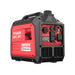 The PowerSmart portable generator delivers 3600W, features a red and black design, multiple outlets and switches on the control panel, quiet operation, a top handle for portability, and bottom ventilation grilles for cooling.