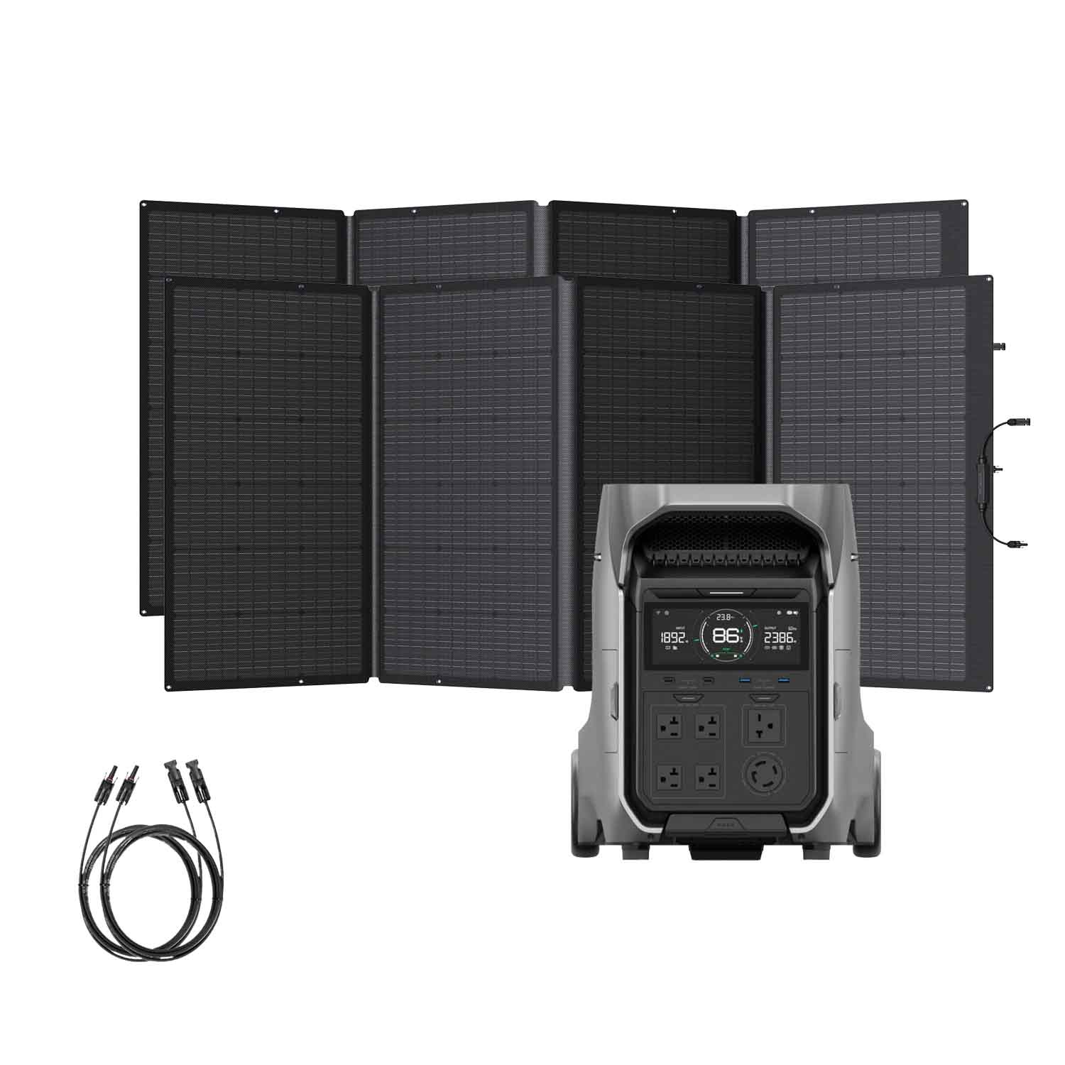 An EcoFlow foldable DELTA Pro 3 portable solar panel stands upright behind a power station featuring multiple outlets and a digital display, providing reliable off-grid power. Two black cables with connectors are placed to the left of the station.