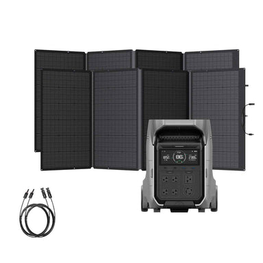 An EcoFlow foldable DELTA Pro 3 portable solar panel stands upright behind a power station featuring multiple outlets and a digital display, providing reliable off-grid power. Two black cables with connectors are placed to the left of the station.