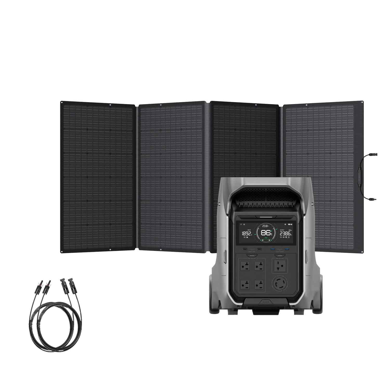 The EcoFlow portable solar generator set includes a foldable solar panel, gray DELTA Pro 3 power station with display and outlets, and two cables, all designed for fast solar charging.