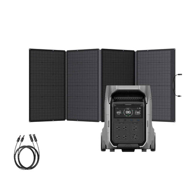 The EcoFlow portable solar generator set includes a foldable solar panel, gray DELTA Pro 3 power station with display and outlets, and two cables, all designed for fast solar charging.
