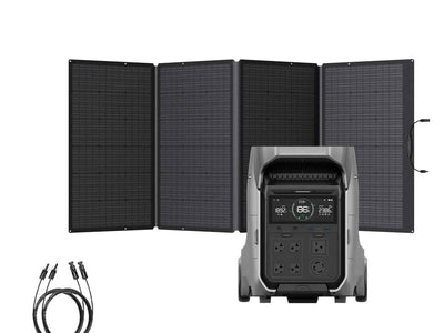 The EcoFlow portable solar generator set includes a foldable solar panel, gray DELTA Pro 3 power station with display and outlets, and two cables, all designed for fast solar charging.