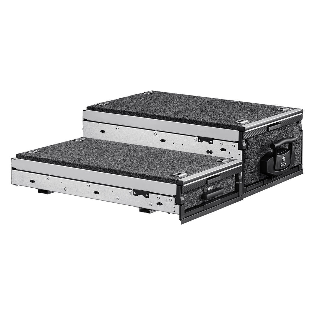 The ICECO Wholesale DS15 Roller Drawer System has two gray storage drawers side by side with metal-reinforced edges. Featuring black handles and a durable, carpet-like texture, it's an innovative solution for organizing tools or equipment efficiently.