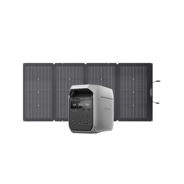 The EcoFlow DELTA 3 Plus portable power station is prepared for action with four solar panels unfolded in the background. It features multiple outlets and a digital display on the front for convenient monitoring. With fast charging capabilities, it ensures you're quickly powered up, no matter where your adventures lead you.