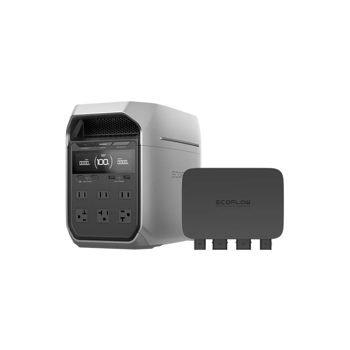 An elegant EcoFlow DELTA 3 Plus Portable Power Station is displayed, featuring a battery unit branded with "EcoFlow." The power station includes a digital screen presenting vital information and various outlets, guaranteeing rapid charging for all your devices.