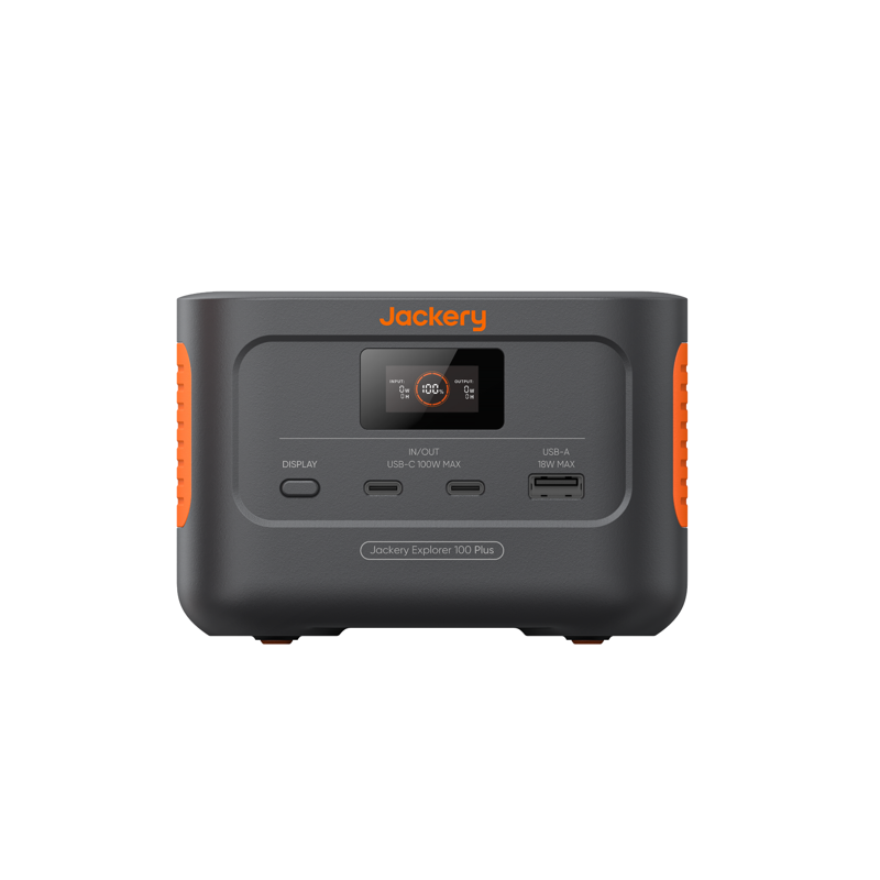 Black and orange Jackery portable power station with a digital display, USB-C and USB-A ports, featuring the brand logo on top.