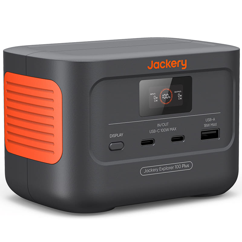 The Jackery Explorer 1000 Plus portable power station is depicted with a display screen, features multiple ports like USB-C and USB-A, and showcases a black and orange color theme.