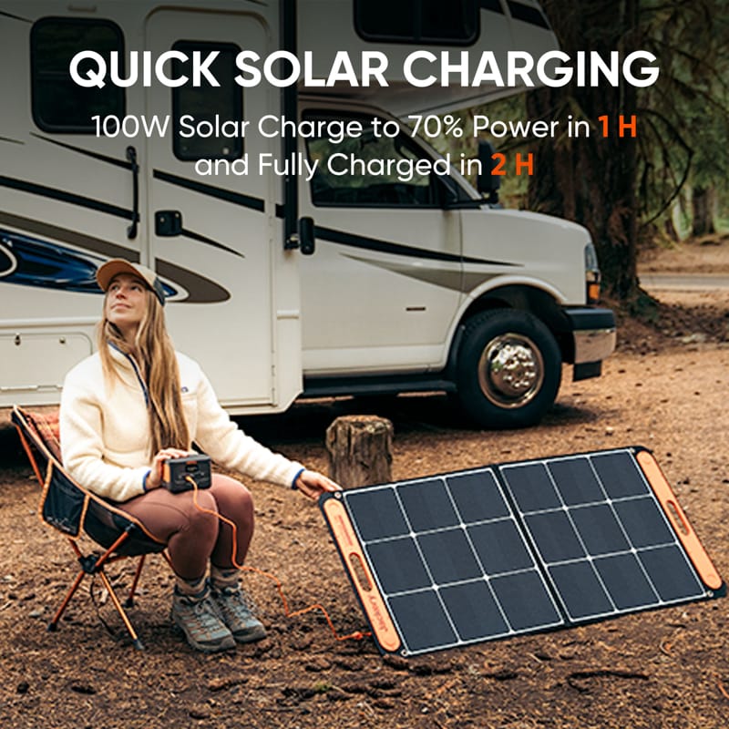 A woman sits in a camping chair beside a foldable Jackery solar panel, holding a device. A camper van is parked in the background. The text highlights fast solar charging: 100W charges to 70% in 1 hour and fully charged in 2 hours.