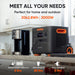 A Jackery power station is on a kitchen counter beside a coffee maker. The image text highlights its 2042.8Wh capacity, 3000W output, solar charging in 2 hours, and car outlet use for 25 hours. The setting is a bright, modern kitchen.