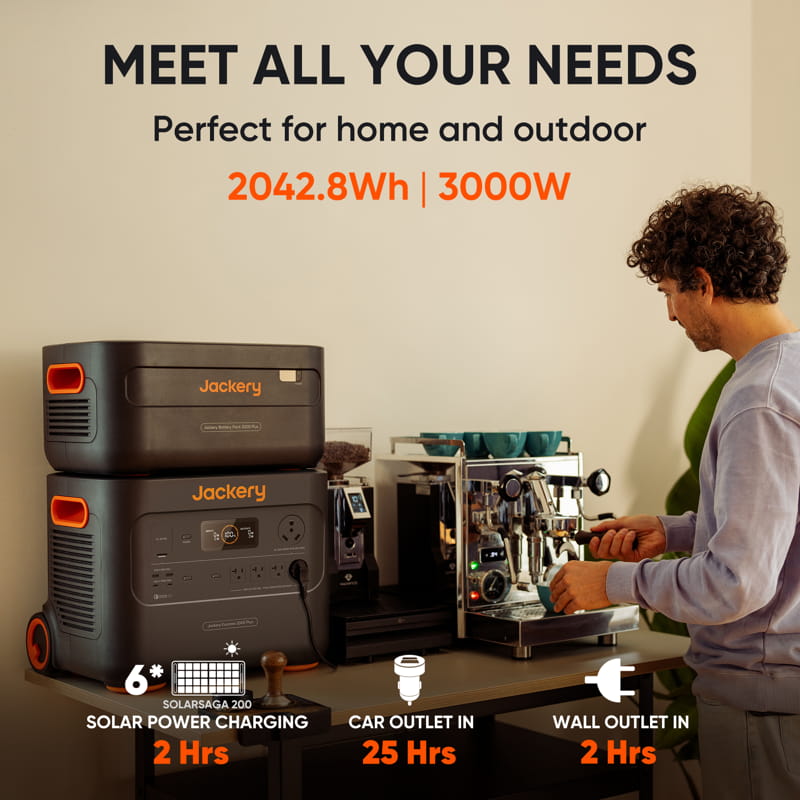 A person stands beside a table displaying coffee equipment and two Jackery power stations, featuring a 2042.8Wh capacity, 3000W output, solar charging in 2 hours, car outlet charging in 25 hours, and wall outlet charging in 2 hours. A plant is visible in the background.