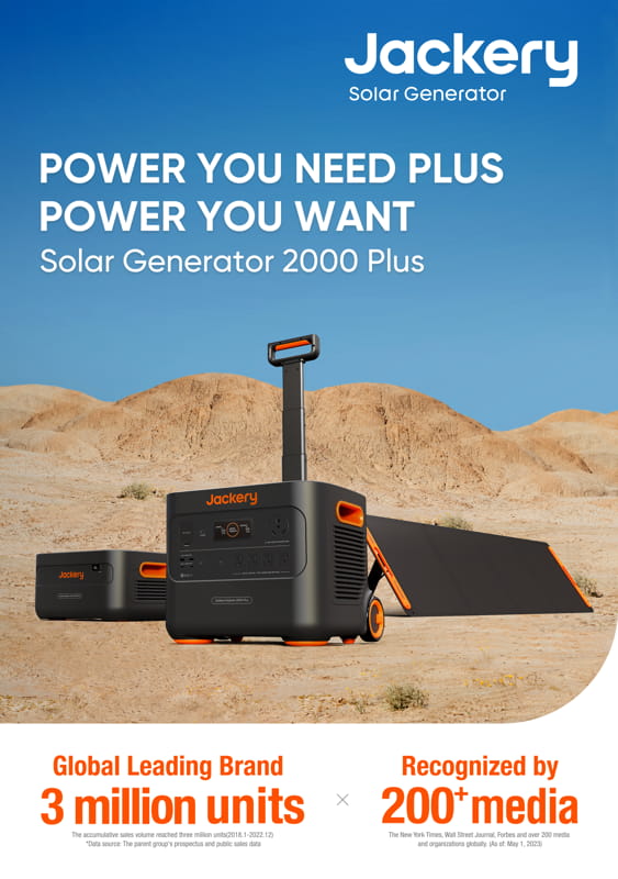 Advertisement for Jackery Solar Generator 2000 Plus: Visuals depict the generator and panels in a desert. Highlighted text mentions its robust power features, over 3 million units sold, and acknowledgment by 200+ media outlets.