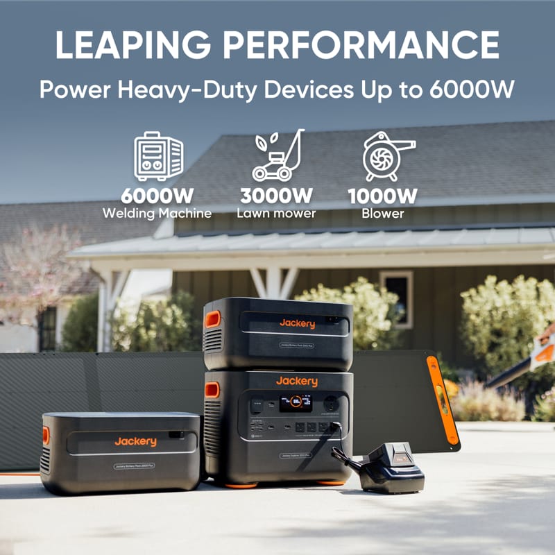 Promotional image displays various Jackery power stations in front of a house, emphasizing their performance: 6000W for welding machines, 3000W for lawn mowers, and 1000W for blowers.