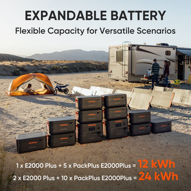 In a desert landscape with a camper van and tent, Jackery battery packs are stacked in the foreground. Text reads "Expandable Battery" with details on setups offering 12 kWh and 24 kWh capacities.