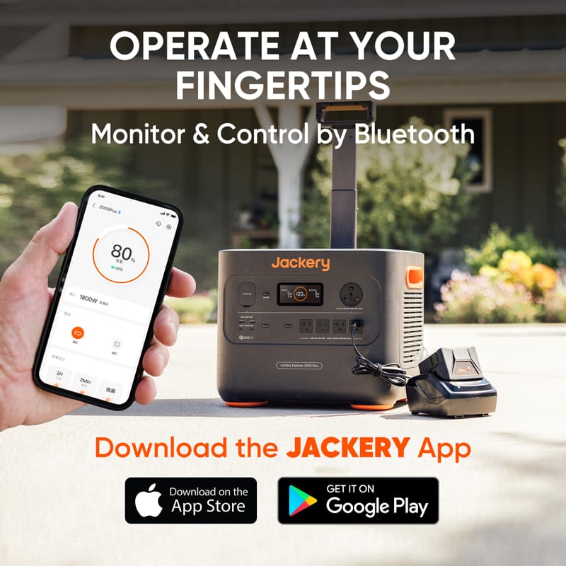 A promotional image features a hand holding a phone displaying an app interface beside a Jackery portable power station. Text reads, "Operate at Your Fingertips" and "Download the Jackery App," along with icons for the App Store and Google Play.