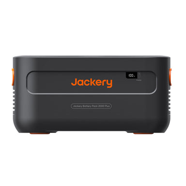 The Jackery Battery Pack 2000 Plus is a rectangular black portable power station with textured sides and orange accents. It features "Jackery" branding in orange on the front, a small display showing "100%", and provides a reliable portable power solution with its 2000Wh capacity.