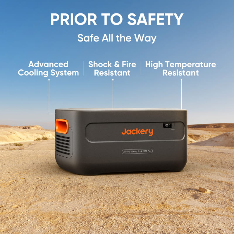 The Jackery portable power station, with its Advanced Cooling System, Shock & Fire Resistance, and High Temperature Resistance, withstands desert conditions. This 2000Wh Jackery battery pack offers an excellent portable power solution.