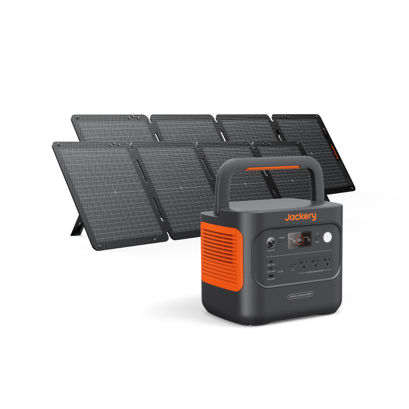 A Jackery Explorer 2000 v2 portable power station by Jackery, featuring a distinctive orange and black design, is displayed in front of six upright foldable solar panels arranged in a row. The power station is equipped with advanced LiFePO4 battery technology and includes multiple input and output ports.