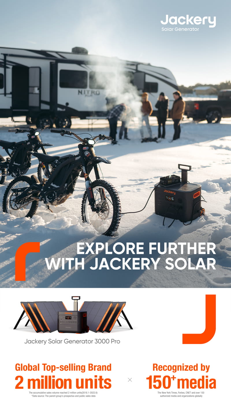 In a snow-covered scene, people are seen near a trailer and bikes with smoke wafting in the background. Prominently featured in the foreground is the Jackery Solar Generator 3000 Pro, known for its large capacity. As a top-selling brand, Jackery has sold over 2 million units and garnered recognition from more than 150 media outlets.