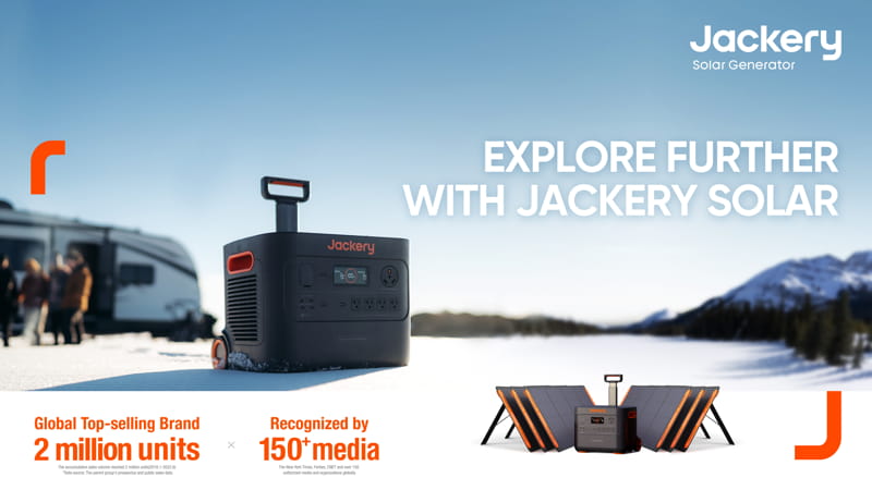 The image displays a Jackery solar generator known for its ultra-fast charging capabilities alongside solar panels in a snowy landscape, with a camper visible in the background. The accompanying text reads: "Explore Further with Jackery Solar," "Global Top-selling Brand with 2 Million Units Sold," and "Endorsed by Over 150 Media Outlets.