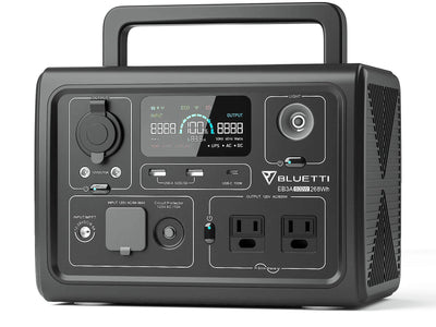 The Bluetti EB3A is a stylish black portable power station perfect for camping, featuring a digital display, multiple charge ports (AC outlets, USB ports, car socket), and a convenient carry handle. Ideal for off-grid living enthusiasts with various buttons and indicators enhancing its design.